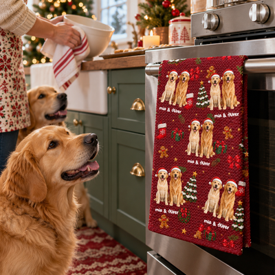 Christmas Gift For Pet Mom - Personalized Custom Photo Pet Name Festive Pattern Kitchen Towel