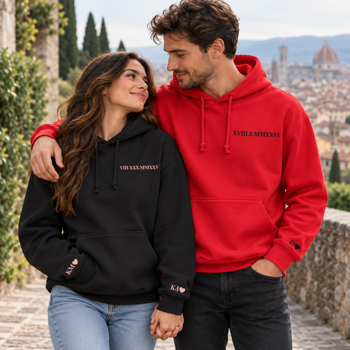 Roman Numeral Embroidered Hoodie, Custom Wedding Date Sweatshirt, Initial Sleeve Embroidery, Anniversary Gift For Couples