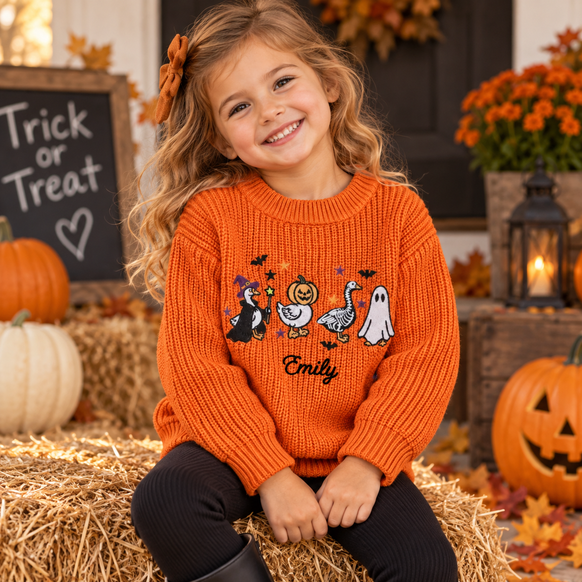 Personalized Toddler Baby Halloween Sweater, Custom Name Pumpkin Skull Ghost Goose Embroidery Long Sleeve Pullover Gift For Kids, Babys