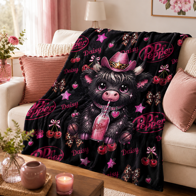 Personalized Dr Pepper Highland Cow Flannel Blanket, Custom Name Leopard Print Cherry Cow Throw Blanket, Cute Home Decor Gift for Soda Lover, Cow Enthusiast