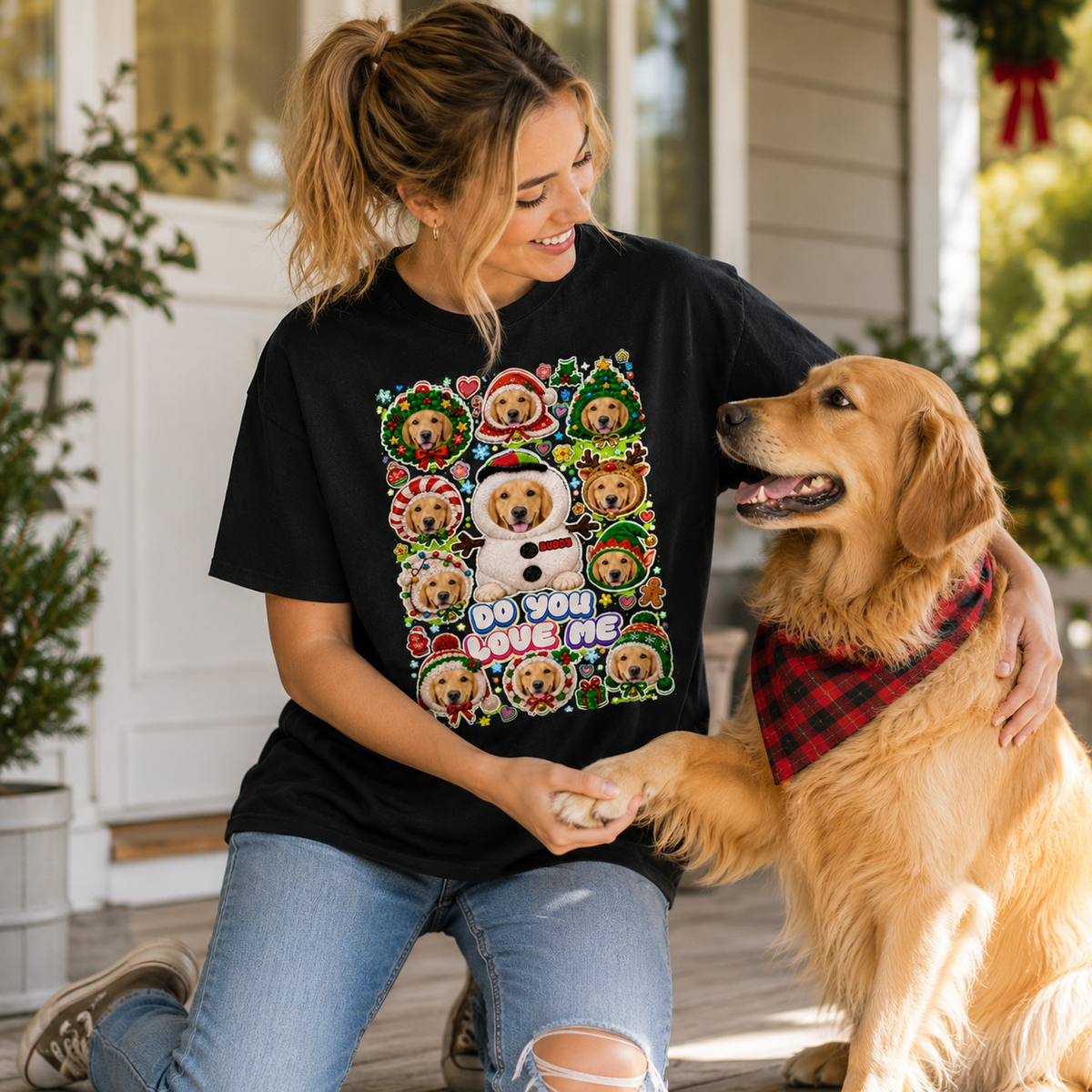 Custom Pet Photo Christmas T‑Shirt, Personalized Sticker Collage Xmas Graphic Tee, Holiday Gift for Dog Cat Pet Owners