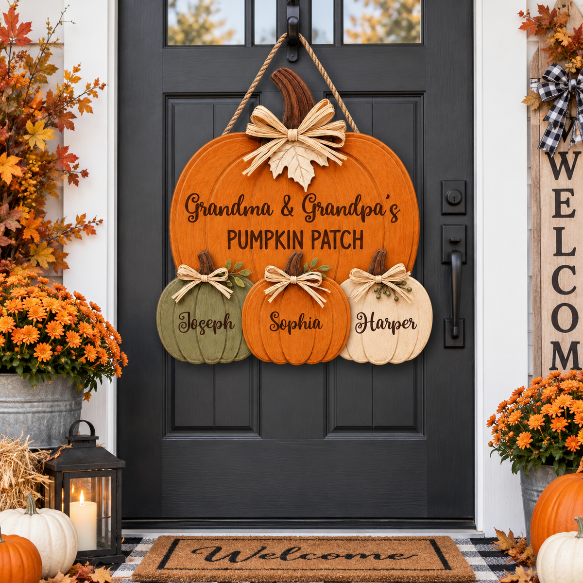 Personalized Pumpkin Patch Door Hanger – Custom Grandkids Names 2D Wood Sign, Fall Decor Gift for Grandparents