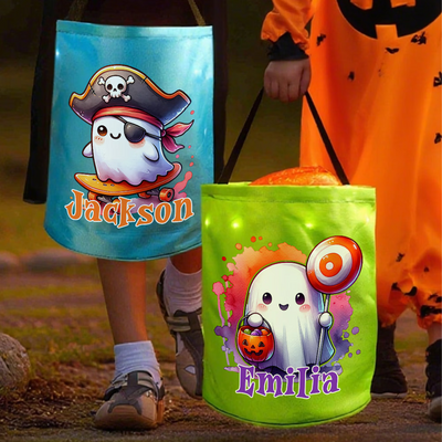 Personalized Witch Hat Pumpkin Cartoon Ghost LED Light Trick or Treat Bag with Name Halloween Classroom Party Gifts for Kids Teenagers