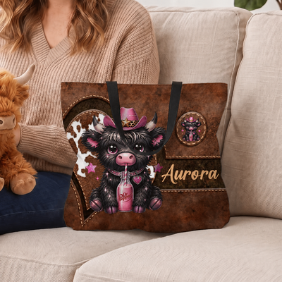 Personalized Cute Cartoon Highland Cow Large Capacity Tote Bag with Name Birthday Gift for Highland Cow Lovers Friends