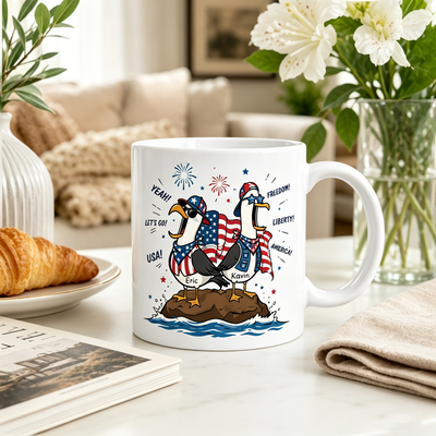 Personalized 4th of July Seagull Mug, Custom Name USA Seagull Coffee Cup, Patriotic American Flag Mug, Funny Independence Day Gift, Freedom Liberty USA Themed Drinkware