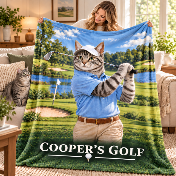 Personalized Golf Pet Portrait Blanket, Custom Dog Cat Golfer Flannel Throw Blanket, Birthday & Christmas Gift for Pet Owners and Golf Lovers