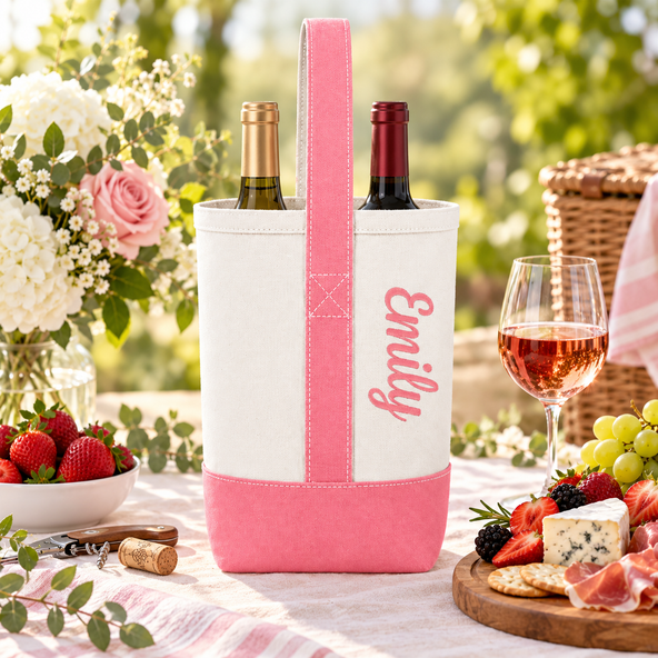 Personalized Wine Tote Bag – Custom Name Embroidered Canvas Wine Bottle Holder, Elegant Bridal Shower Gift & Christmas Gift for Wine Lovers