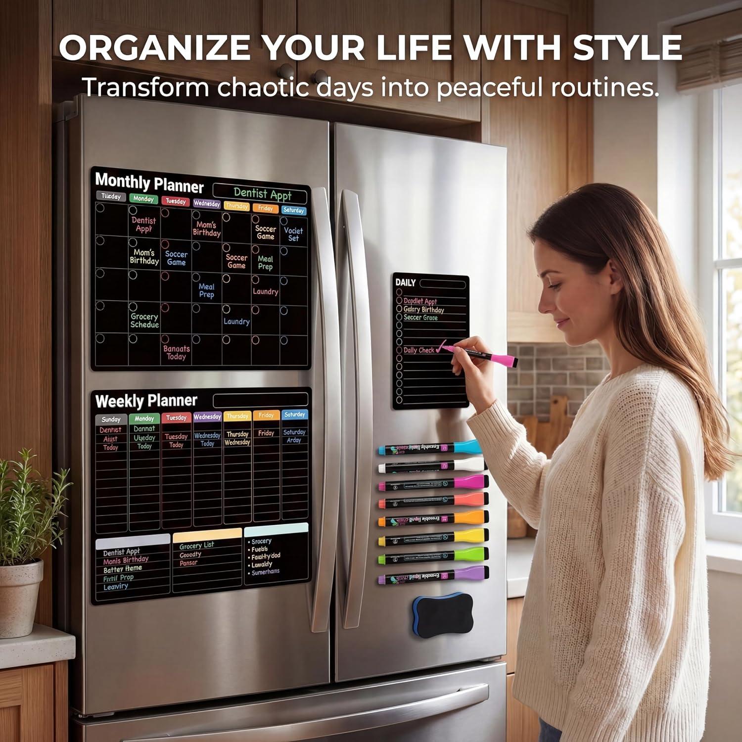 Magnetic Calendar for Refrigerator, Black Fridge Calendar 3-Pack | Dry Erase Calendar with Monthly Weekly Daily Planner, Nano-Tech Surface, 17