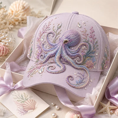 3D Ocean Creatures Printed Cap – Embellished Marine Life Baseball Hat with Raised Floral Details for Summer Beach Vacations, Birthday Gift for Women & Ocean Lovers
