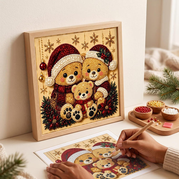 Christmas Pearl Diamond Paintings Kit  Animal Family Patterns Include Round Beads, Printed Canvas and Applicator Tools