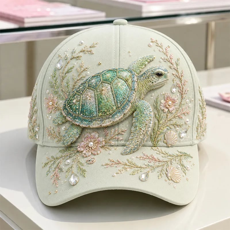 3D Ocean Creatures Printed Cap – Embellished Marine Life Baseball Hat with Raised Floral Details for Summer Beach Vacations, Birthday Gift for Women & Ocean Lovers