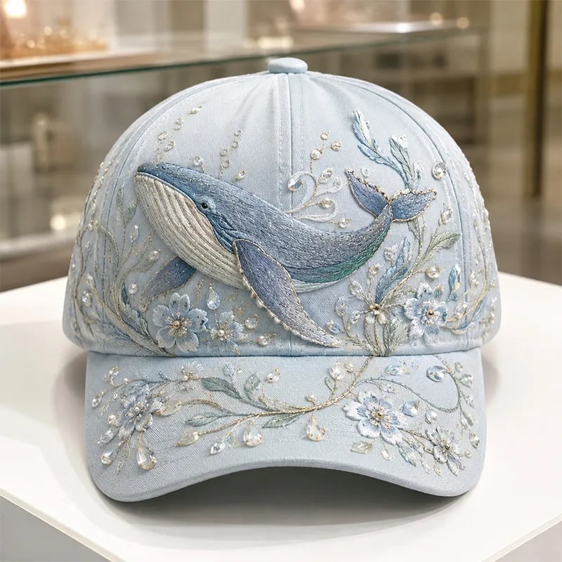 3D Ocean Creatures Printed Cap – Embellished Marine Life Baseball Hat with Raised Floral Details for Summer Beach Vacations, Birthday Gift for Women & Ocean Lovers