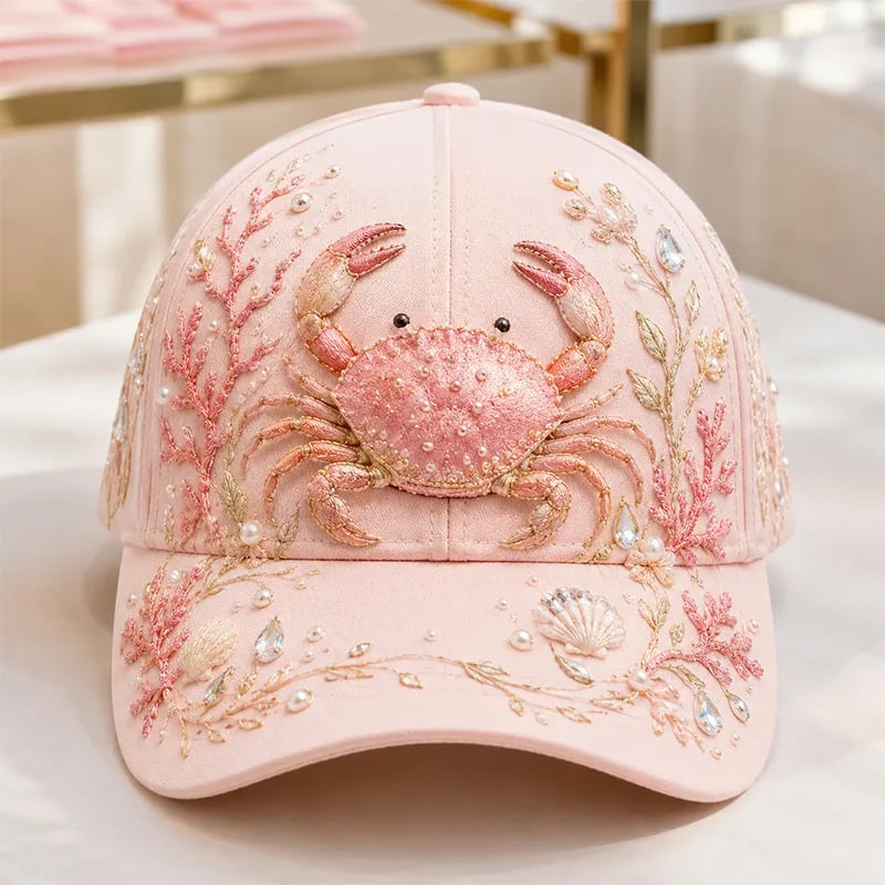 3D Ocean Creatures Printed Cap – Embellished Marine Life Baseball Hat with Raised Floral Details for Summer Beach Vacations, Birthday Gift for Women & Ocean Lovers