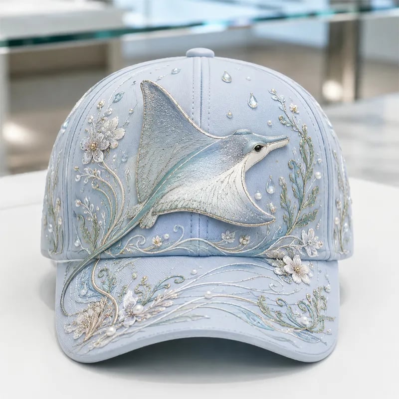 3D Ocean Creatures Printed Cap – Embellished Marine Life Baseball Hat with Raised Floral Details for Summer Beach Vacations, Birthday Gift for Women & Ocean Lovers