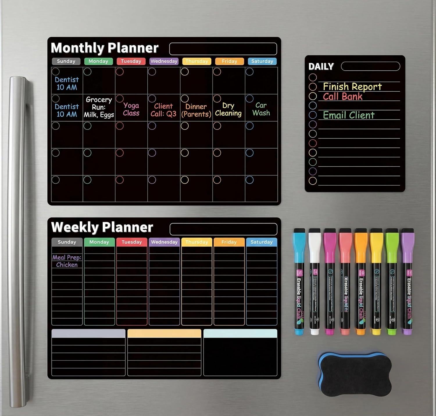 Magnetic Calendar for Refrigerator, Black Fridge Calendar 3-Pack | Dry Erase Calendar with Monthly Weekly Daily Planner, Nano-Tech Surface, 17"x12" Magnetic Board, 8 Neon Markers