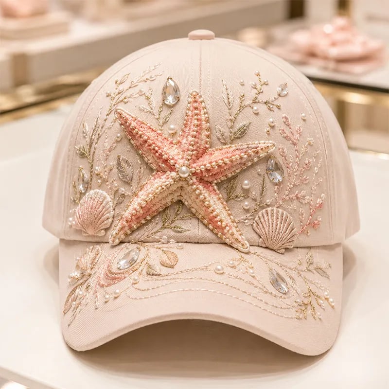 3D Ocean Creatures Printed Cap – Embellished Marine Life Baseball Hat with Raised Floral Details for Summer Beach Vacations, Birthday Gift for Women & Ocean Lovers