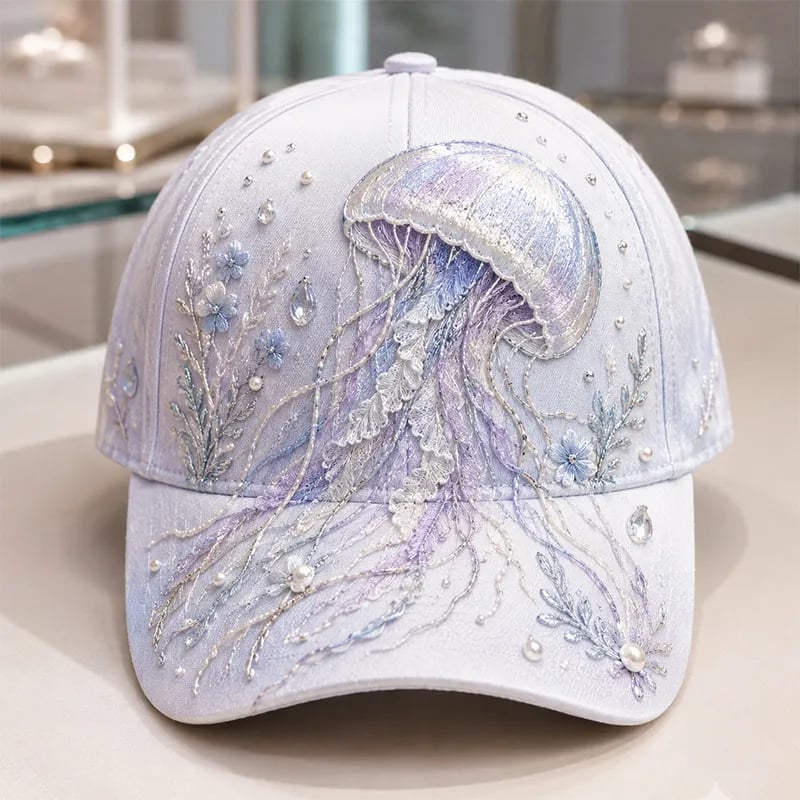 3D Ocean Creatures Printed Cap – Embellished Marine Life Baseball Hat with Raised Floral Details for Summer Beach Vacations, Birthday Gift for Women & Ocean Lovers