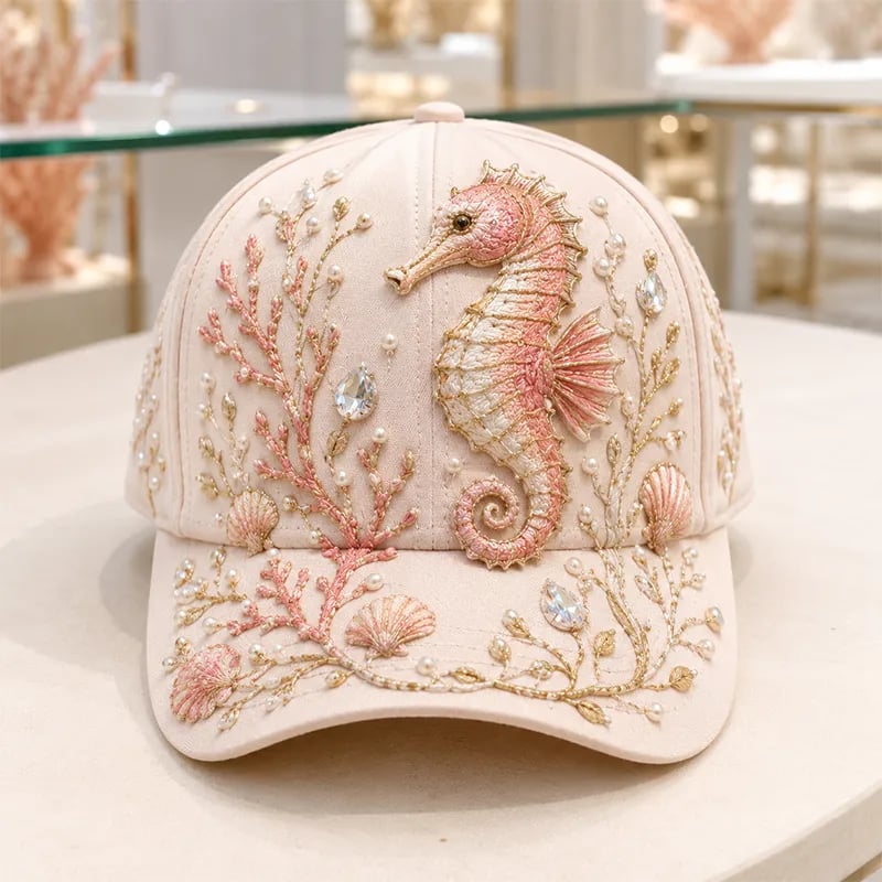 3D Ocean Creatures Printed Cap – Embellished Marine Life Baseball Hat with Raised Floral Details for Summer Beach Vacations, Birthday Gift for Women & Ocean Lovers