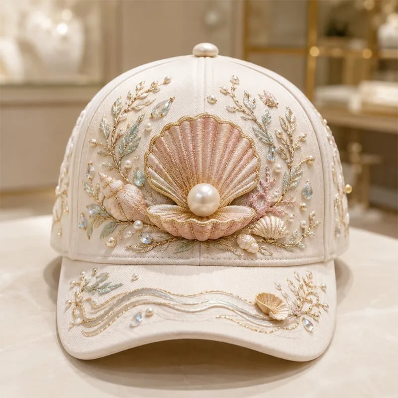 3D Ocean Creatures Printed Cap – Embellished Marine Life Baseball Hat with Raised Floral Details for Summer Beach Vacations, Birthday Gift for Women & Ocean Lovers