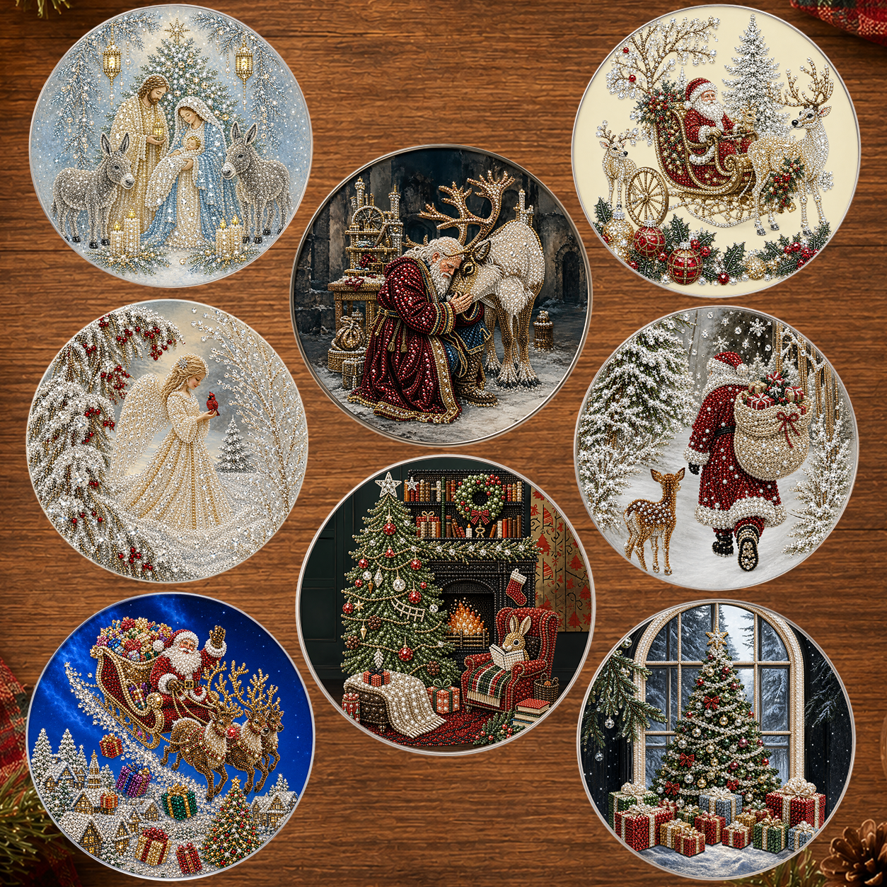 DIY Diamond Painting Coaster Kit, Round Christmas Diamond Art Kit, Nativity Scene & Santa Sleigh DIY Drill Craft, Xmas Holiday Table Decor, Christmas Gift for Adults