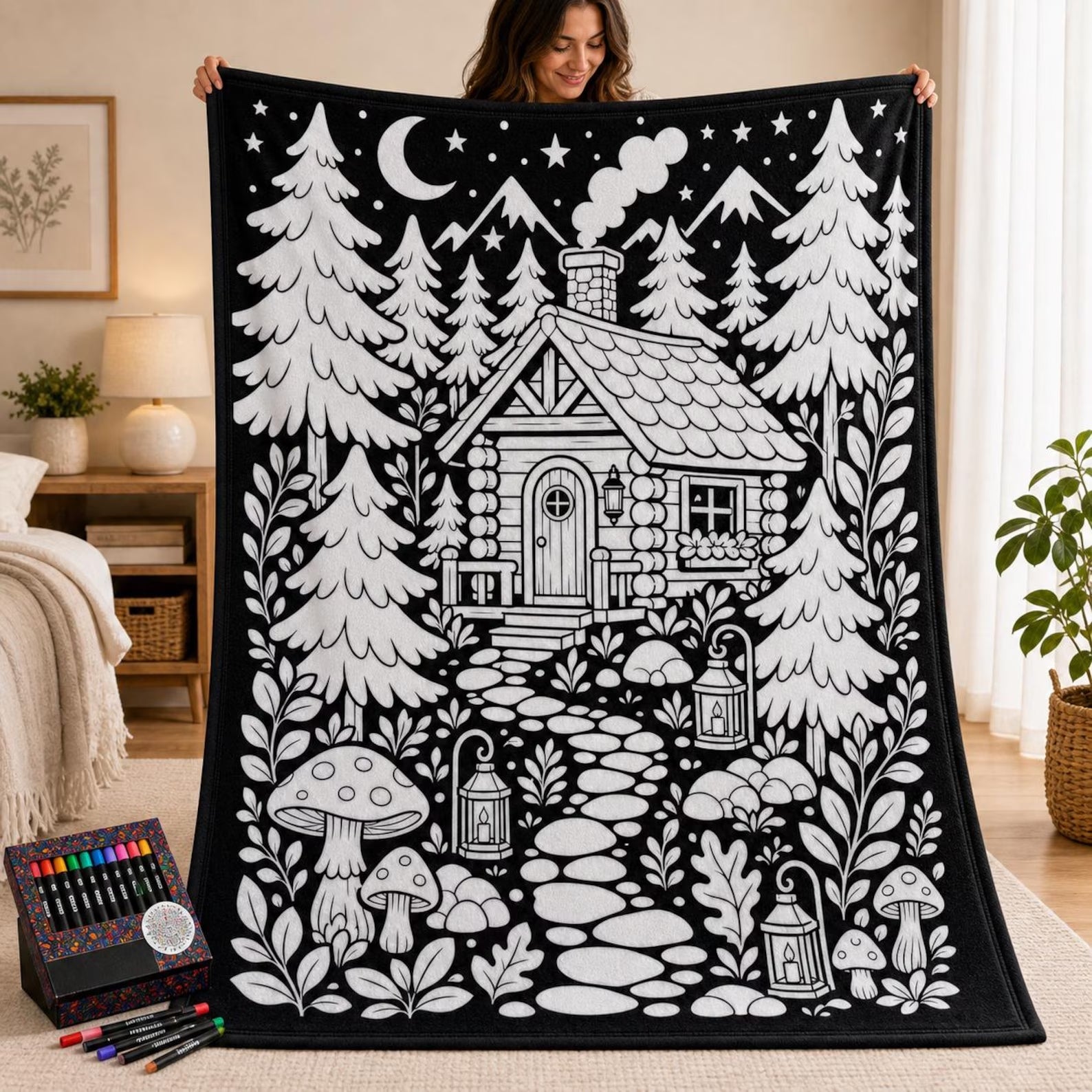 DIY Drawing Blanket with 24 Colors Markers, Doodle Your Own Blankets, Customizable Washable Paint & Play Blankets for Adults