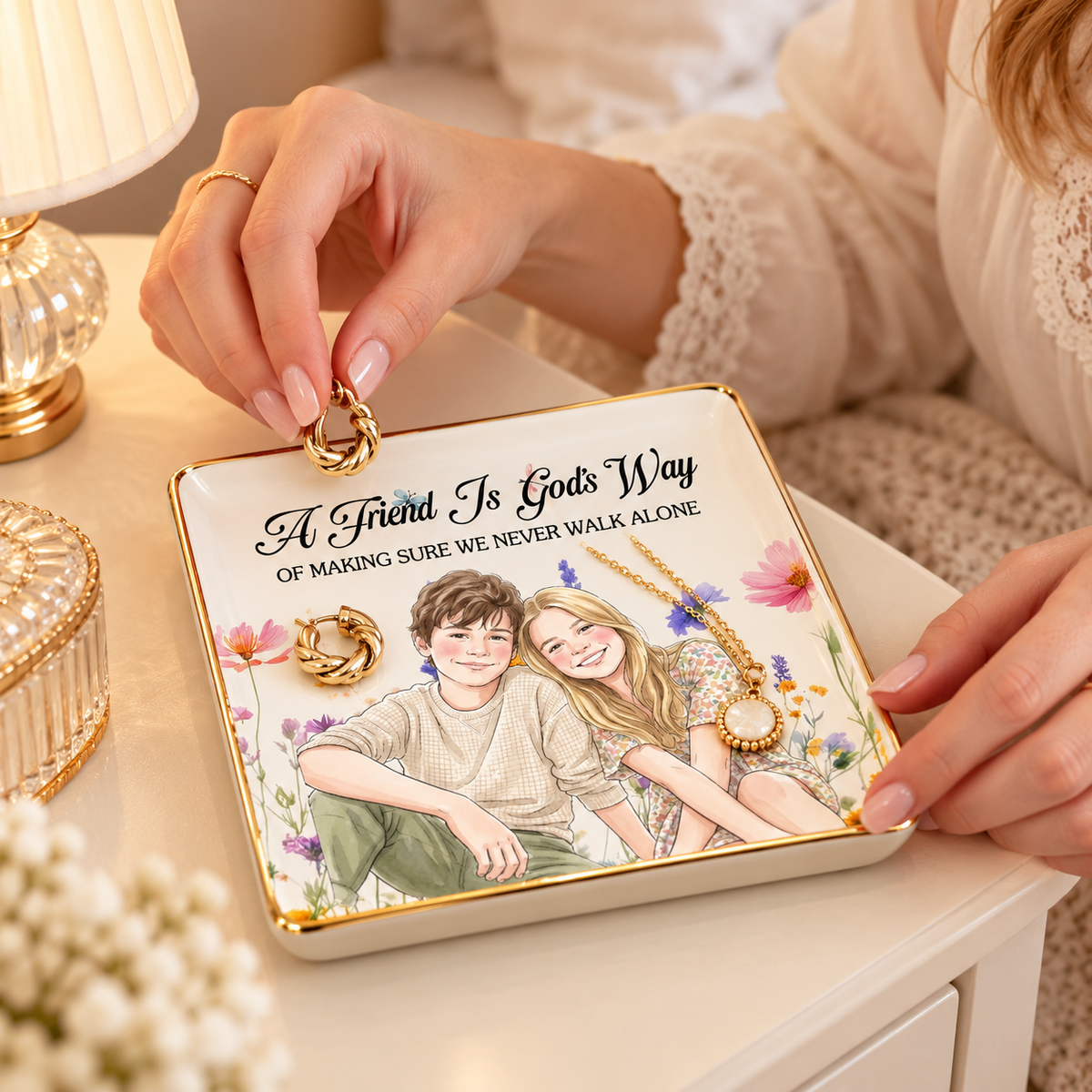 No One Will Ever Be As Entertained By Us As Us Custom Photo Watercolor Floral Art - Personalized Jewelry Dishhoto Portrait, Birthday & Christmas Gift for Best Friends