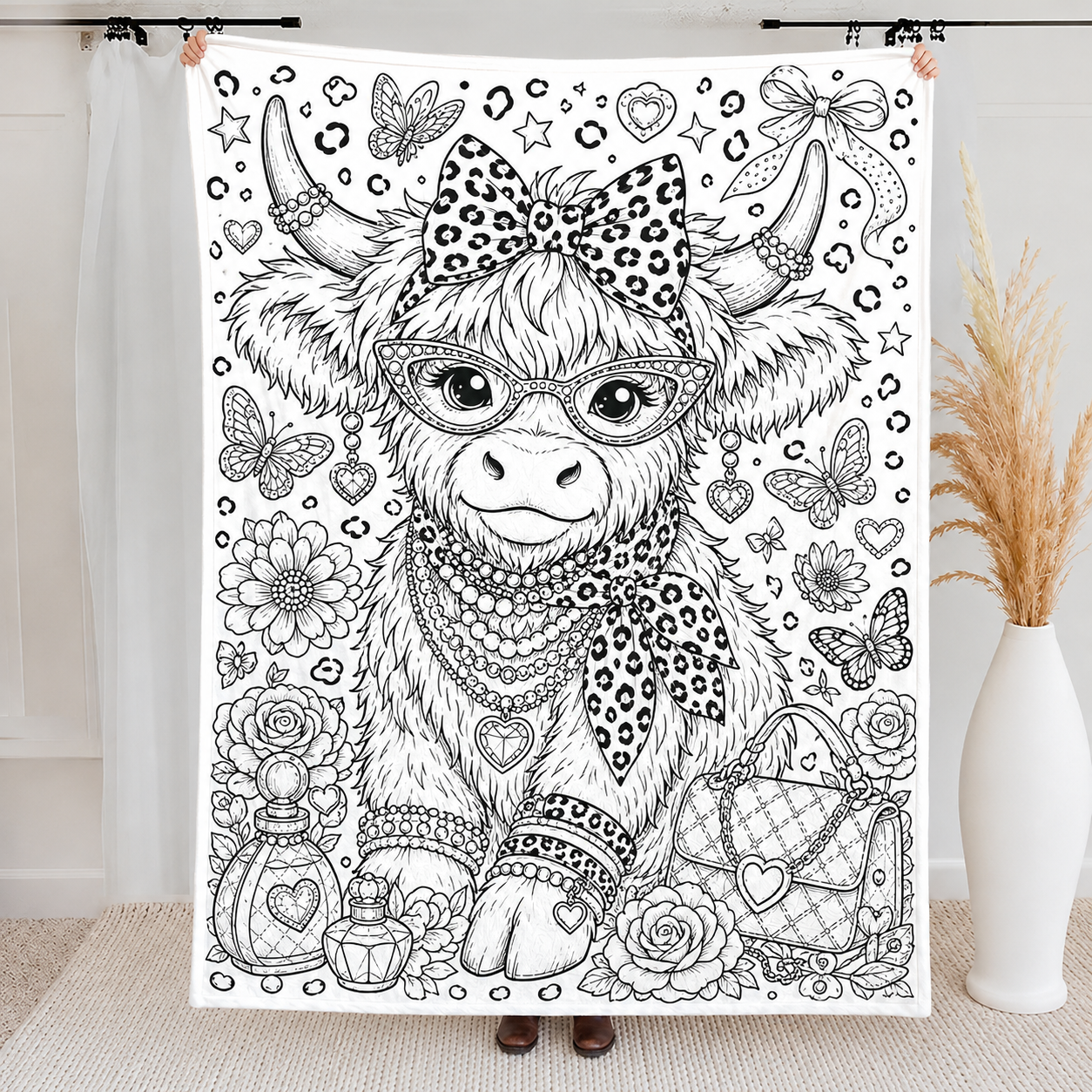 Highland Cow Coloring Blanket, DIY Doodle Fleece Throw Blanket, Custom Color Your Own Highland Cow Themed Blanket, Creative Craft Gift For Cow Lovers, Adults & Kids