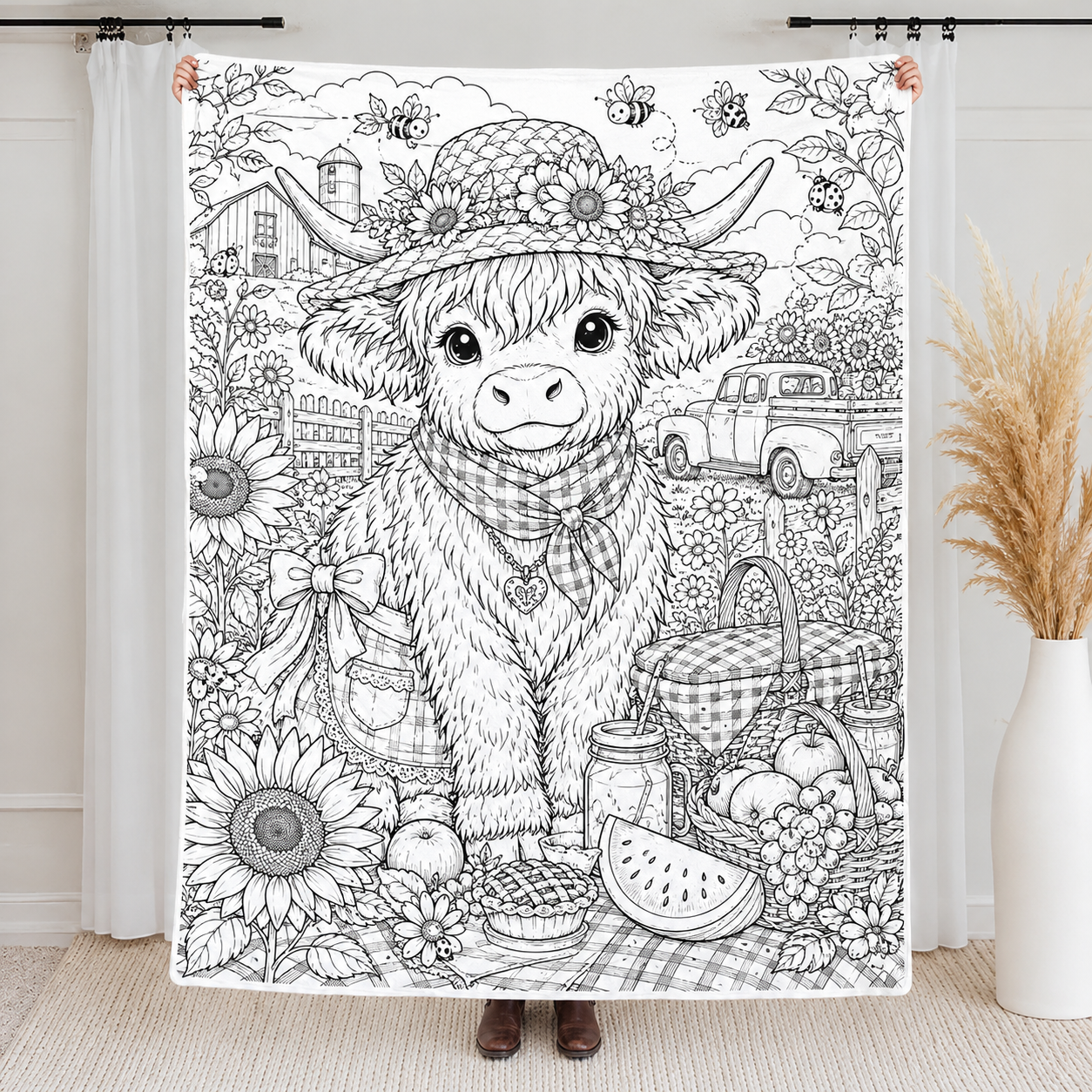 Highland Cow Coloring Blanket, DIY Doodle Fleece Throw Blanket, Custom Color Your Own Highland Cow Themed Blanket, Creative Craft Gift For Cow Lovers, Adults & Kids
