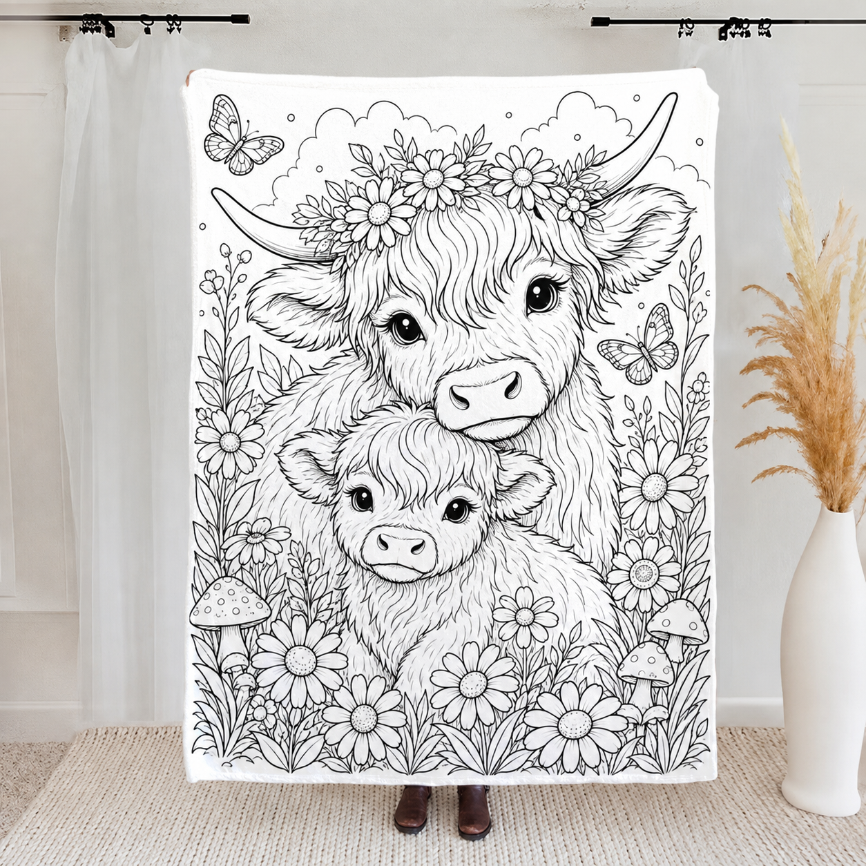 Highland Cow Coloring Blanket, DIY Doodle Fleece Throw Blanket, Custom Color Your Own Highland Cow Themed Blanket, Creative Craft Gift For Cow Lovers, Adults & Kids