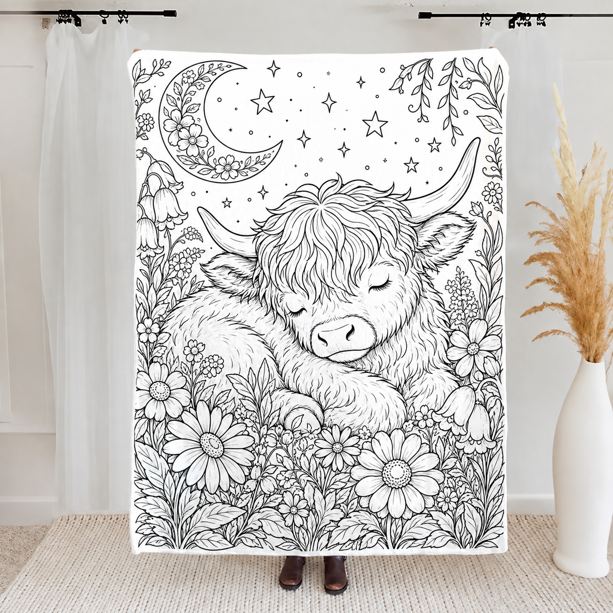 Highland Cow Coloring Blanket, DIY Doodle Fleece Throw Blanket, Custom Color Your Own Highland Cow Themed Blanket, Creative Craft Gift For Cow Lovers, Adults & Kids