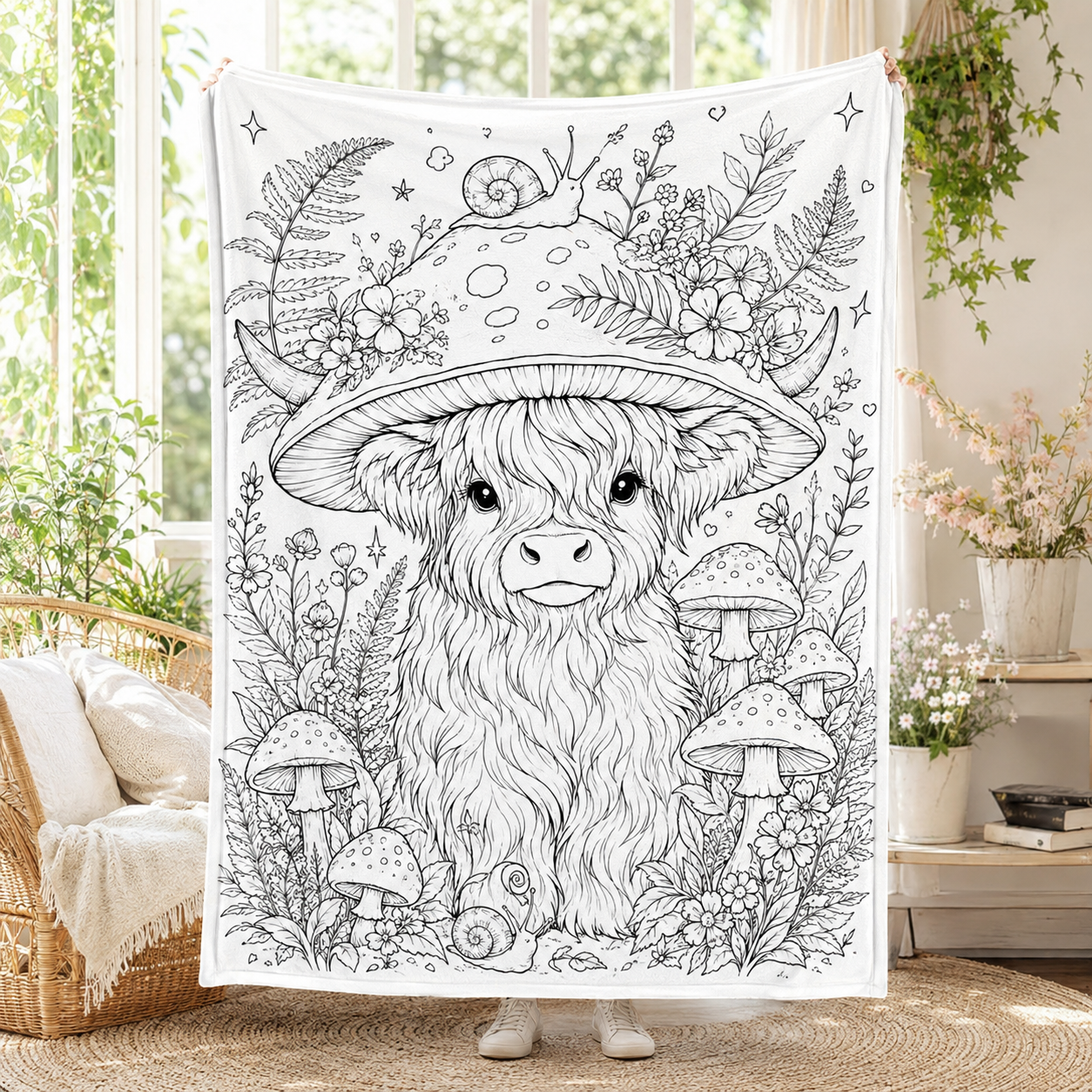 Highland Cow Coloring Blanket, DIY Doodle Fleece Throw Blanket, Custom Color Your Own Highland Cow Themed Blanket, Creative Craft Gift For Cow Lovers, Adults & Kids