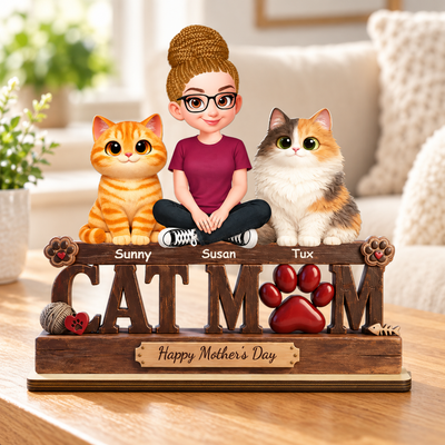 Cat Mom Cute Fluffy Cats Happy Mother's Day - Personalized 2-Layered Wooden Plaque - Mother's Day Gift For Cat Mom