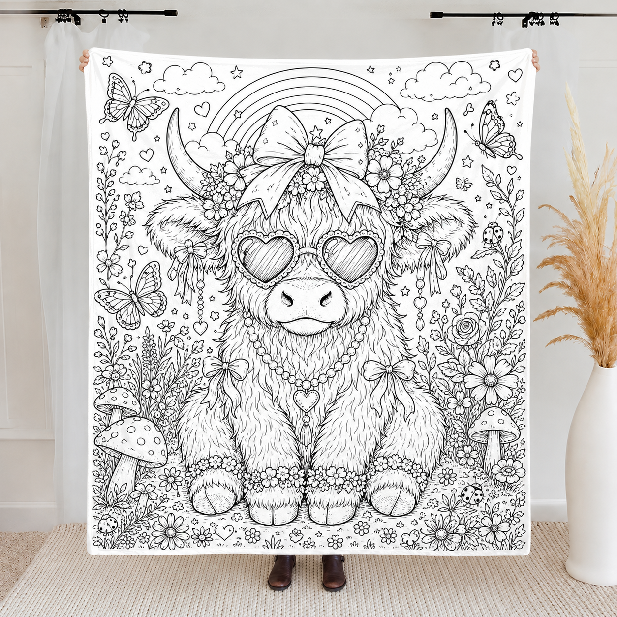 Highland Cow Coloring Blanket, DIY Doodle Fleece Throw Blanket, Custom Color Your Own Highland Cow Themed Blanket, Creative Craft Gift For Cow Lovers, Adults & Kids