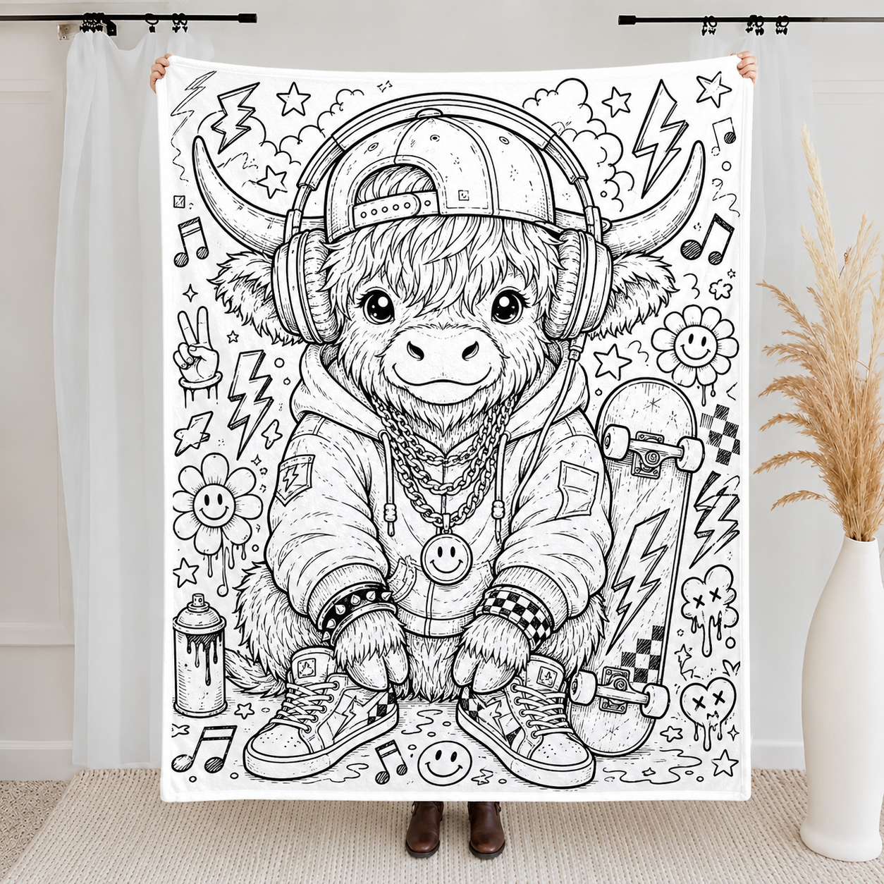 Highland Cow Coloring Blanket, DIY Doodle Fleece Throw Blanket, Custom Color Your Own Highland Cow Themed Blanket, Creative Craft Gift For Cow Lovers, Adults & Kids