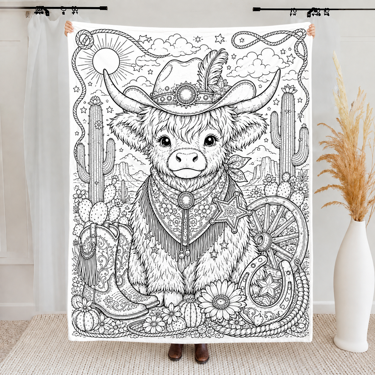 Highland Cow Coloring Blanket, DIY Doodle Fleece Throw Blanket, Custom Color Your Own Highland Cow Themed Blanket, Creative Craft Gift For Cow Lovers, Adults & Kids