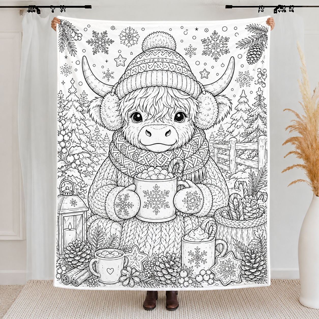 Highland Cow Coloring Blanket, DIY Doodle Fleece Throw Blanket, Custom Color Your Own Highland Cow Themed Blanket, Creative Craft Gift For Cow Lovers, Adults & Kids