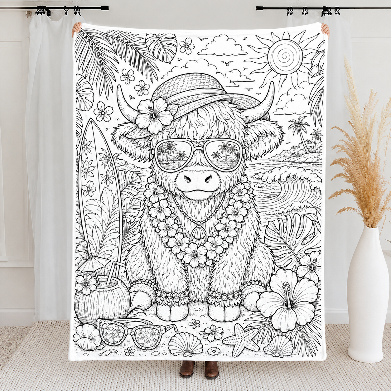 Highland Cow Coloring Blanket, DIY Doodle Fleece Throw Blanket, Custom Color Your Own Highland Cow Themed Blanket, Creative Craft Gift For Cow Lovers, Adults & Kids
