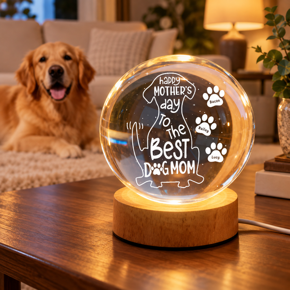 Happy Mother's Day Dog Mom - Personalized Crystal Ball LED Night Light - Heartfelt Mother's Day Gift for Wife
