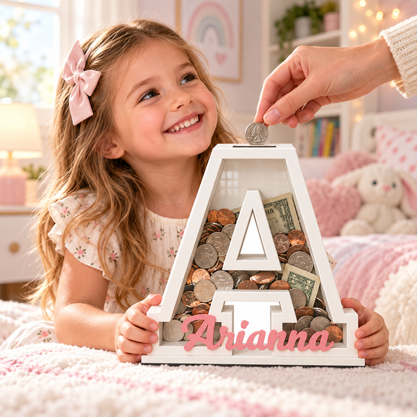 Personalized Letter Piggy Bank, Wooden & Clear Acrylic Initial Coin Bank, Custom 26 Alphabet Money Box, Easter Birthday Christmas Gift for Kids