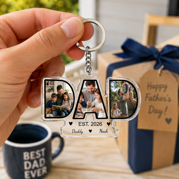 Personalized Dad Photo Acrylic Keychain, Custom DAD Shaped Photo Keychain With Kids Names, Fathers Day Gift for Dad