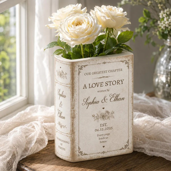 A Love Story Written By - Gifts For Newlywed Couples Ceramic Book - Personalized Vase