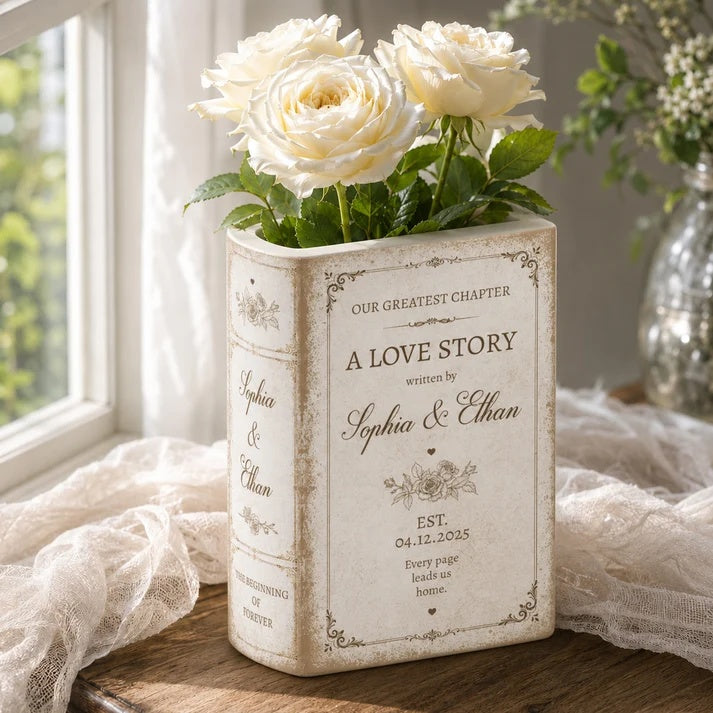 A Love Story Written By - Gifts For Newlywed Couples Ceramic Book - Personalized Vase