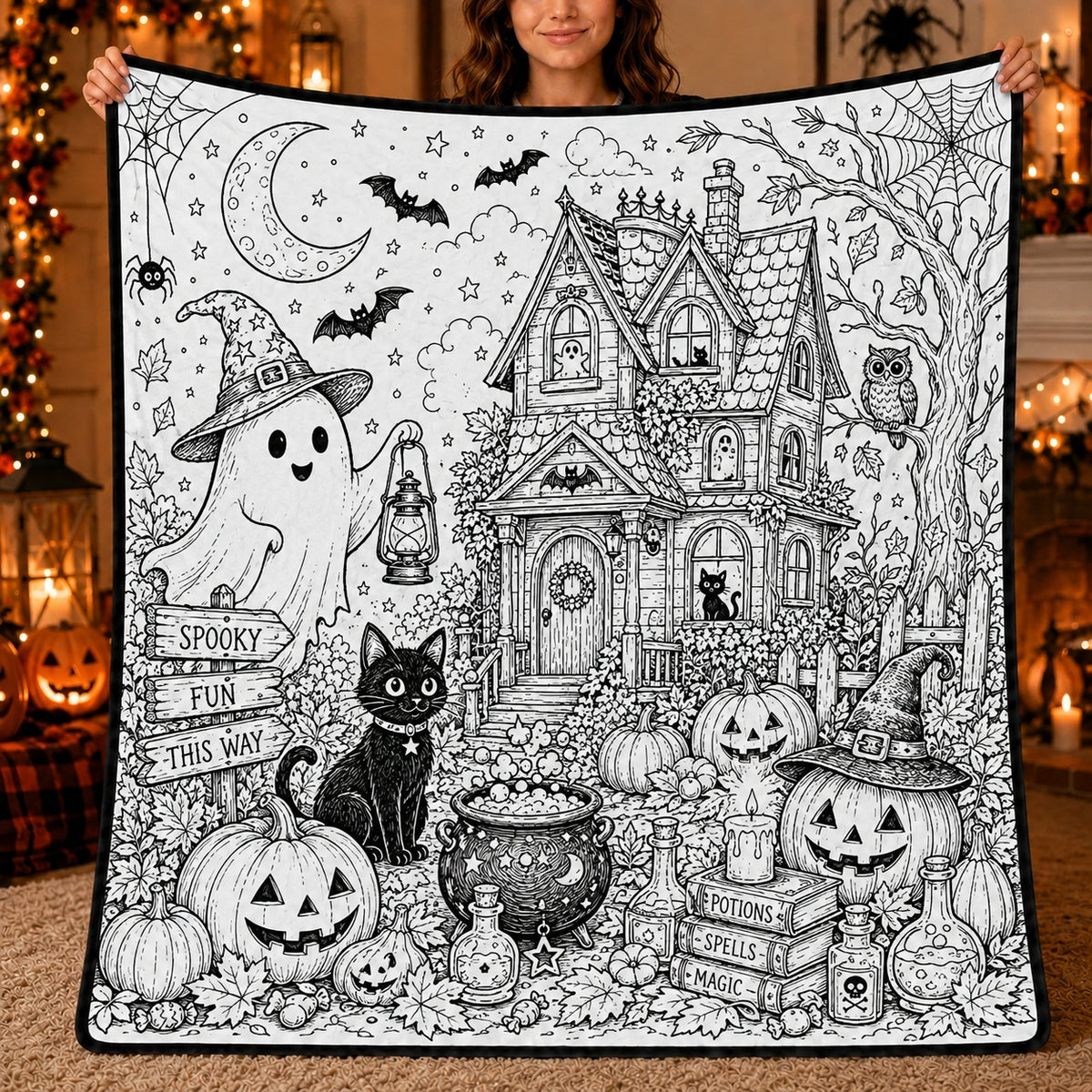 Halloween DIY Coloring Blanket, Black and White Line Art Throw, Ghost Pumpkin Witch Haunted House Coloring Activity Blanket for Kids & Adults, Holiday Gift