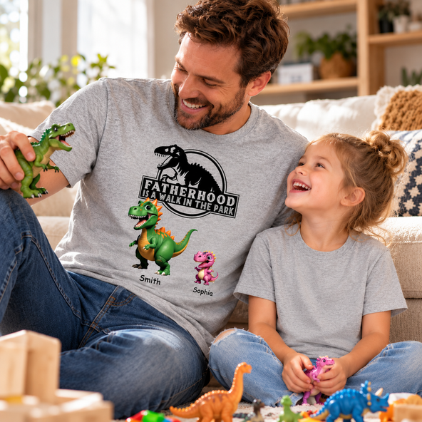 Fatherhood Is A Walk In The Park Custom Cartoon Dinosaurs - Personalized Shirt - Father's Day Gift For Husband, Dad