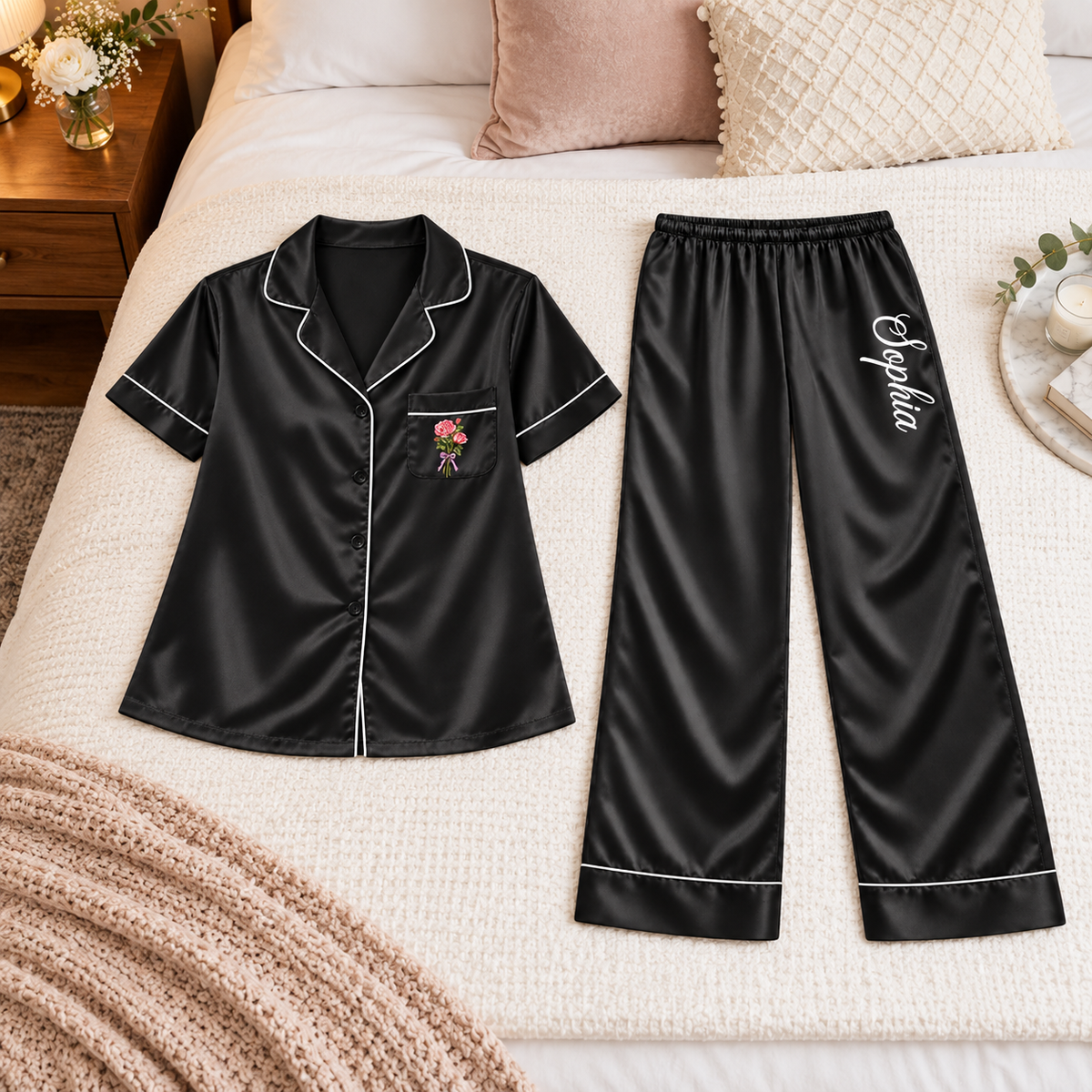 Personalized Satin Pajamas, 2-Piece Short Sleeve Long Pants Sleep Set, Custom Birth Month Flower & Name Detail, Elegant Birthday & Milestone Gift