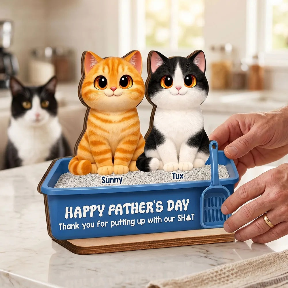 Cute Fluffy Cats Happy Father's Day Thanks For Feeding And Scooping Poo - Personalized 2-Layered Wooden Plaque - Funny Father's Day Gift For Cat Dad, Cat Lovers
