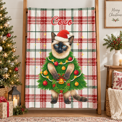 Personalized Christmas Pet Blanket, Custom Name Pet Throw Blanket, Xmas Plaid Wreath Blanket, Holiday Gift for Pet Lover