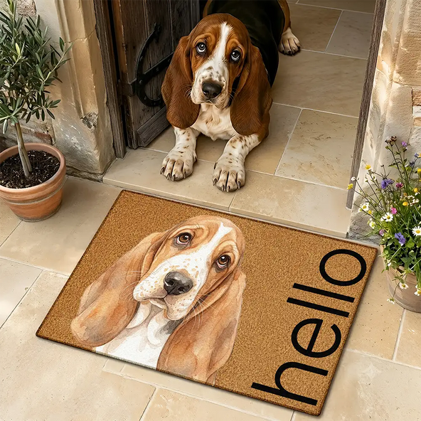 Custom Photo Realistic Watercolor Art Hello Welcome Lovely Pet Portrait - Personalized Doormat