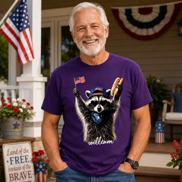 Personalized Patriotic Raccoon T-Shirt | Custom Name 4th of July Hot Dog USA Flag Graphic Tee