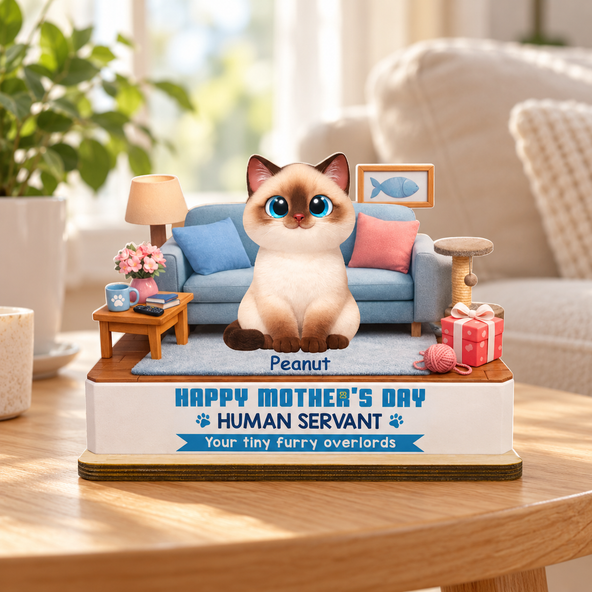 Cat Mom Cute Fluffy Cats Happy Mother's Day Human Servant - Personalized 2-Layered Wooden Plaque - Funny Mother's Day Gift For Cat Mom